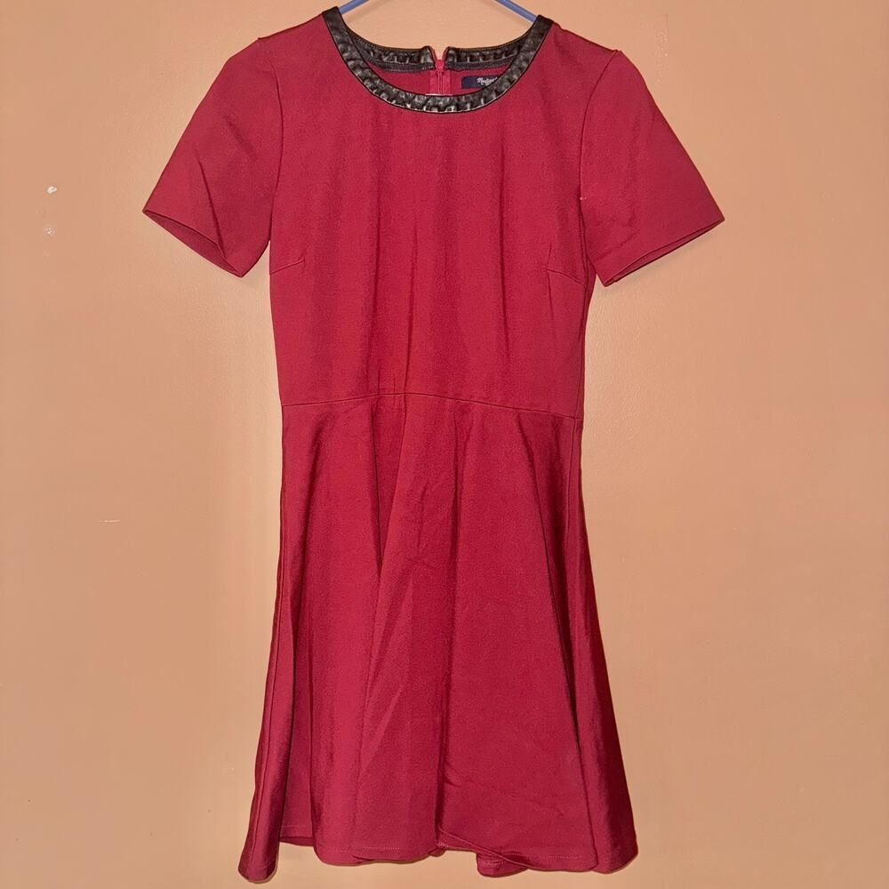 Madewell Women's Burgundy Leather Trim Skater Dress - Small